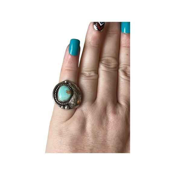 Vintage Blue Turquoise Leaf Ring, Sterling Silver Native American Ring Sz 4.5 - Picture 6 of 6